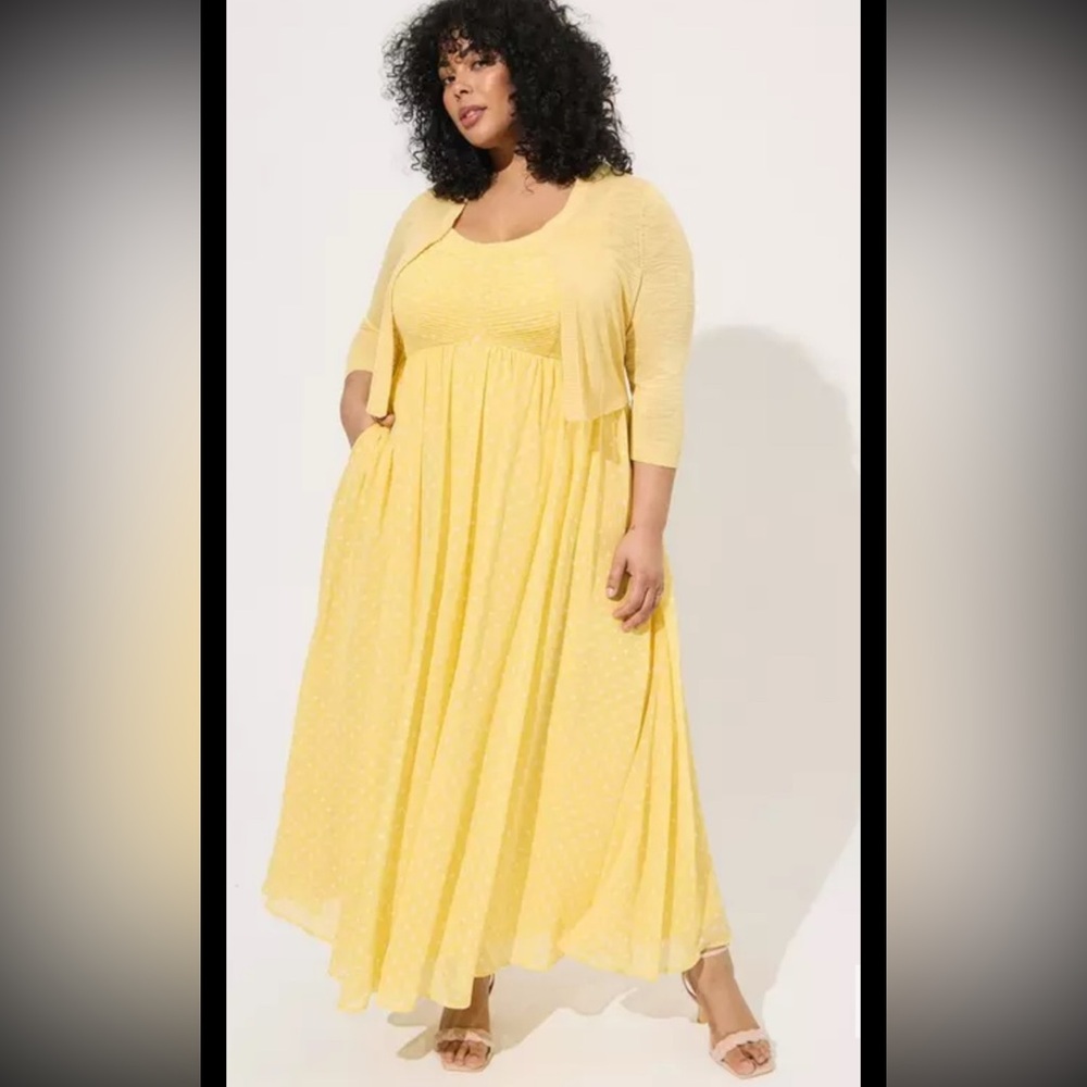 Torrid | Women’s 5X Maxi Dress Chiffon Pleated Yellow Polka Dot 28